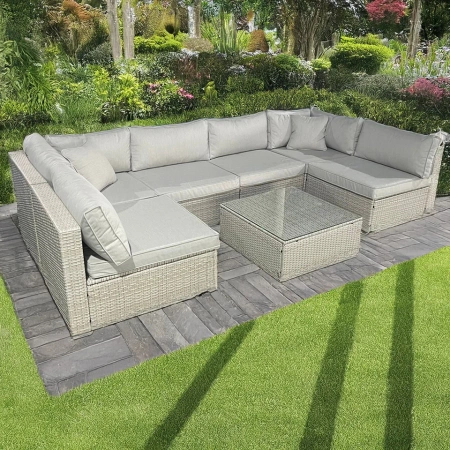 U alakú rattan kerti bútor 6 darabos garnitúra - szürke és bézs színben