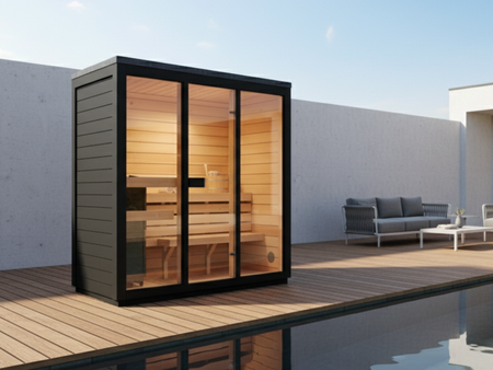 Sauna da esterno BALI M Edizione Limitata Nera Thermowood per 3 persone | moderna | finlandese | vetrata | con stufa Harvia Vega 4,5 kW | set di accessori gratuito