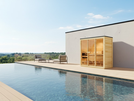 Kerti szaunaszett BALI M 3 személy részére | Modern | Finn | Üvegezett | Harvia Vega 4,5 kW kályhával | Ingyenes kiegészítő csomag