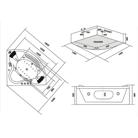 Flores 601H wit bad met hydromassage en verwarming 140x140 cm – hoek SPA bad voor de badkamer