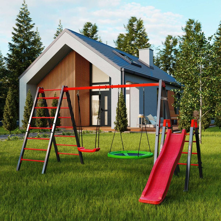 Estructura trepadora con columpio y tobogán.