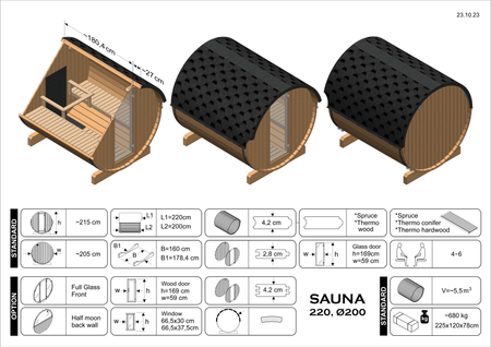 Barrel Outdoor Sauna EDA 220 för 4 personer / Elektrisk eller vedeldad Harvia-spis / Skandinavisk gran av hög kvalitet (termwood)