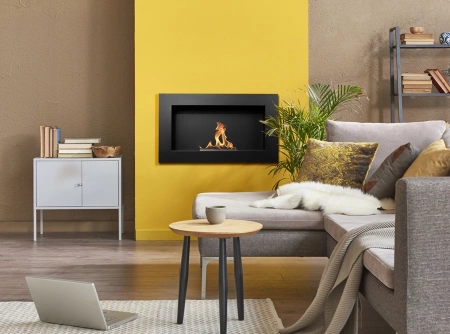 Væghængt biopejs 650x400 mm, sort mat tekstureret finish – en moderne bioethanolpejs