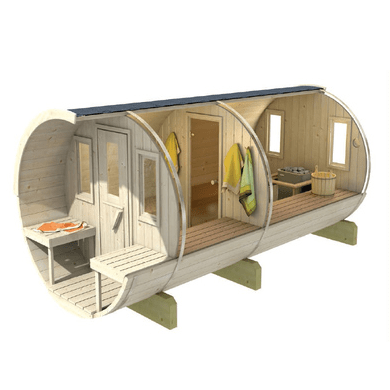 Puutarhasauna Tynnyri 400 7 hengelle / Harvia Harvia sähkökiuas tai Harvia puukiuas / Korkealaatuinen skandinaavinen kuusikuusi (Thermowood) | Wellness | Rentoutuminen | Spa | Skandinaavinen tyyli | Thermo Wood