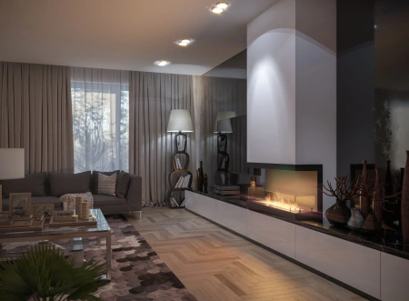 Elegantni biokamin Inside C1000 v3 — minimalistički ugradbeni kamin s plamenikom LONGFIRE 800 i staklima Antisol