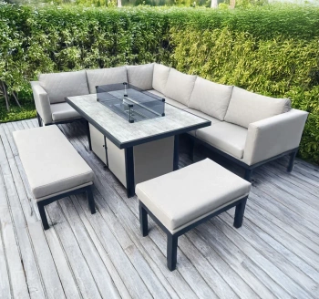 Set da giardino in metallo a forma di L da 9 posti con tavolo da fuoco rettangolare