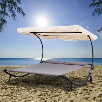 Double Garden Lounger | Beach lounger with adjustable canopy hammock for patio balcony Grey | Garden hammock on a stand, outdoor relaxation