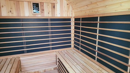 MO-2121 Infrared SQUARE 210×210×210 cm dārza sauna - moderna āra sauna ar infrasarkano staru sildītājiem, LED un Bluetooth 6-8 personām