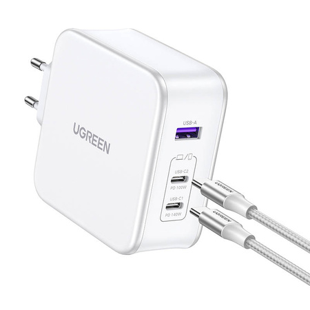 UGREEN 15339 Зарядно устройство Nexode за захранване от мрежата, 2xUSB-C, USB-A 3.0, PD3.0, QC4.0, GaN, 140W (бяло)