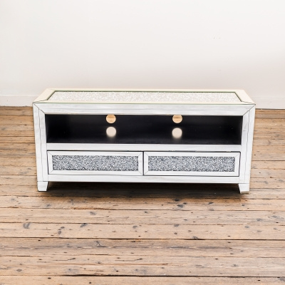 Szklana szafka RTV RTF Modern 120×50×40 cm – 2 szuflady, kryształki