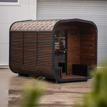 Udendørs havesauna CUBE MODERNO – med forrum og panoramaudsigt
