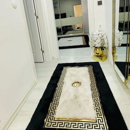 Musta ja kermainen aito lammasnahkainen pehmeä matto - ylellinen, käsintehty, moderni Versace-tyylinen olohuoneen ja makuuhuoneen matto.