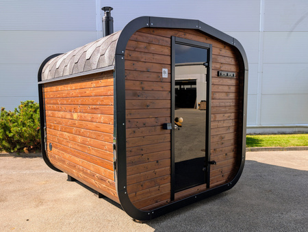 Moderna sauna de jardín CUBE MINI PLUS – exterior con función de relajación