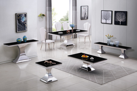 Table à manger en acier chromé et verre trempé de couleur noire uniforme