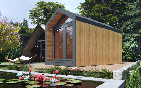 Prémium szaunaház 450×240 cm - Finn kerti szauna előszobával, ThermoWood, szigetelés 50/100 mm / fa vagy elektromos kályha WIFI-vel