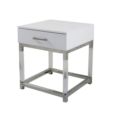 Natbord ROYALTON WHITE – forstærket akryl, rustfrit stål, bordplade af hvidlakeret MDF (60×50×50 cm)
