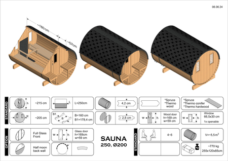 Sauna exterior EDA 250 – sauna premium confortável para 6–8 pessoas com fogão elétrico ou a lenha, para luxo e elegância