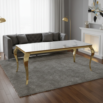 VALENTINO-ruokapöytä valkoisella marmorikannella ja kultaisella jalustalla - ylellisyyttä ruokasaliin