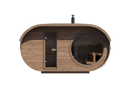 Oval sauna Raiki udendørs til 4 personer / Elektrisk eller brændeovn Harvia komfur / Højkvalitets varmebehandlet skandinavisk gran