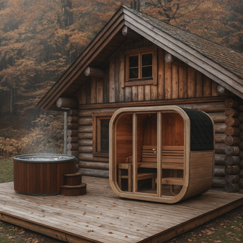 Saunos ir pokylių salės komplektas | Lauko sauna ICON 125 | Sausa | Suomiška | Kubilas LUX 220 | Elektrinė viryklė | Malkomis kūrenama viryklė | Thermwood