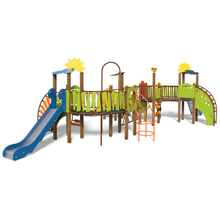 Dětské hřiště Playground complex „Steamlet 7” TE707 – velký komplet s 5 věžemi, mnoha skluzavkami (700–1500 mm) a lezeckými moduly, pro max. 8 dětí, série Fairytale Forest