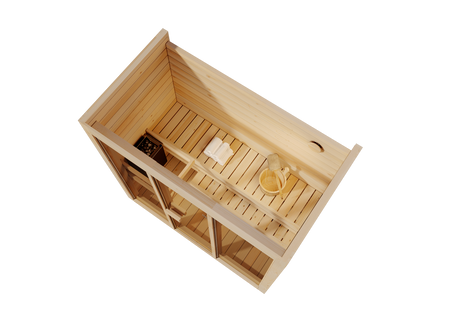 Set Indoor Home Sauna Bali M for 3 People | modern | Finnish | glazed | with Harvia Vega 4,5 kW heater | free accessory package