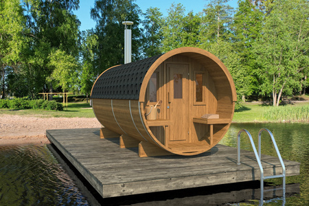 Sudová Sauna 400 Delux (Polmesiac Sklo) Vonkajšia pre 4 osoby / Elektrický Ohrievač alebo Ohrievač na Drevo Harvia 400 / Vysokokvalitný Škandinávsky Smrek (Thermowood)