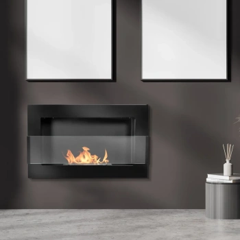 Підвісний біокамін зі склом 650x400 - чорний глянцевий, сучасний камін на біоетанолі