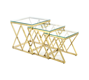 Sæt med 3 moderne borde i rustfrit stål og hærdet glas – elegante borde i gylden farve