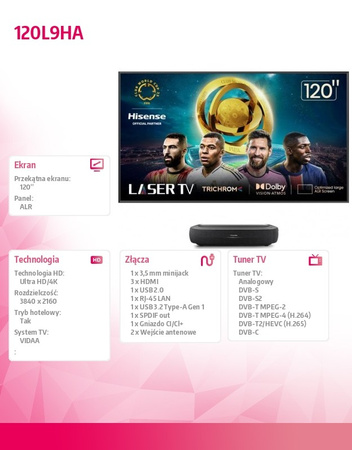 Hisense Laser TV 120 pollici 120L9HA Ultra HD 4K, Dolby Atmos, Smart TV, tecnologia HDR, schermo ALR - Immagini e suono di qualità superiore