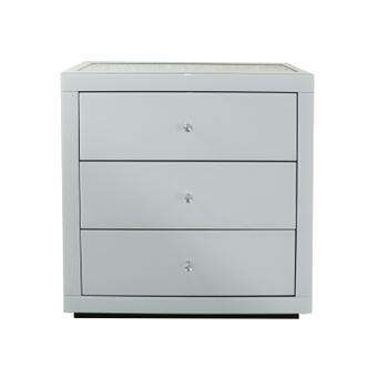 ARMÁRIO DE VIDRO AMARO – branco/transparente com cristais (80×80×40 cm, 3 gavetas)