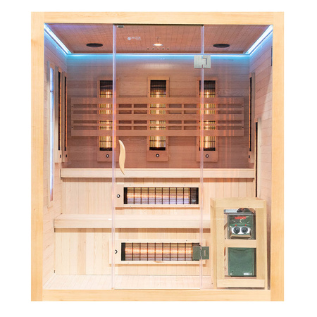 MO-EA4R-M COMBO Sauna infrarroja/finlandesa con calentador HARVIA de 8 kW y piedra de sal | Wellness | Relax | SPA | Madera Natural | Lista para Montar