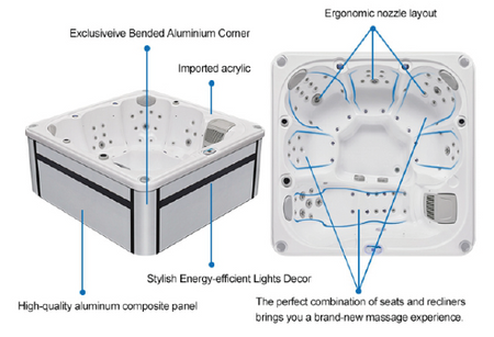 Jacuzzi OF-V3003 – spa exclusiv pentru 9 persoane cu hidromasaj, iluminare LED, Bluetooth și filtrare completă