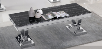 Mesa de centro moderna de acero cromado y cristal templado en color menta clara