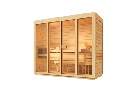 Home Sauna Bali L – Una spaziosa sauna interna per 4 persone con stufa elettrica, perfetta per rilassarsi nel comfort della propria casa.