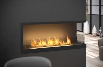 Højrevendt hjørne-biopejs Inside P1100 v2 — til indbygning i niche (brænder 800 mm, 2 l), Antisol-glas, sort