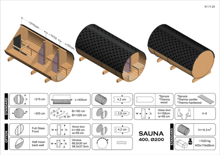 Sauna de Jardim EDA 400 – sauna espaçosa de classe premium para 6 a 12 pessoas com aquecedor elétrico ou a lenha, para família e amigos