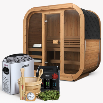 Ulkosauna ICON 125 3-4 hengelle sarjassa Harvia Vega -kiukaan kanssa + ilmaiset lahjat | kosmetiikka + saunatarvikkeet | Suomalainen sauna | thermwood | lämpöpuu | lämpöpuu