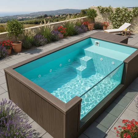 Modern fristående pool med glas AG-320 3.2×2 m – lyxig trädgårdspool utan grävning med tillbehör