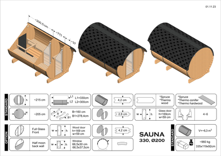 Sauna udendørs EDA 330 – rummelig premiumsauna til 6–10 personer med elektrisk eller brændefyret ovn, for harmoni og nærhed til naturen