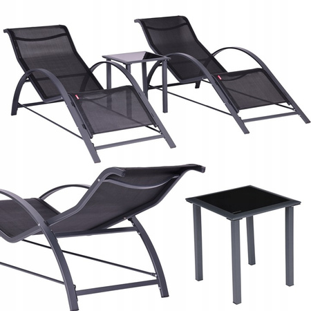 Garden Lounger Set with Side Table | Loungers with side table for patio or balcony Black/Grey | Garden table, patio, outdoor relaxation