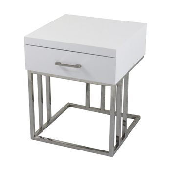 Natbord MILO WHITE – rustfrit stål, bordplade af hvidlakeret MDF (60×50×50 cm)