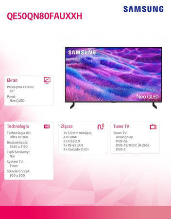 Samsung Neo QLED 50-инчов 4K телевизор QE50QN80FAUXXH - Ultra HD, Smart TV, Dolby Atmos, Tizen, HDR10+, Quantum HDR, Neo QLED - модерен телевизор за всекидневната
