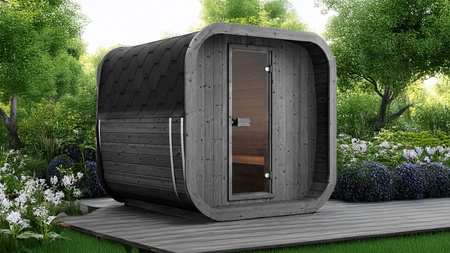 Icon 200 S Sauna Limited Black Garden Edition pour 4 personnes / Cuisinière électrique ou à bois Harvia / Épicéa scandinave de haute qualité (Thermowood) | Bien-être | Détente | SPA | Bien-être | Détente | SPA | Thermo bois | Verre panoramique