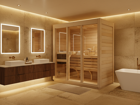 Sada Vnitřní domácí sauna Bali M pro 3 osoby | moderní | finská | prosklená | s kamny Harvia Vega 4,5 kW | balíček doplňků zdarma