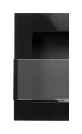Væghængt bioethanolpejs med glas 650x400 – blank sort, moderne bioethanolpejs