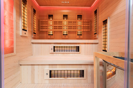 MO-EA4R-M COMBO Sauna infrarroja/finlandesa con calentador HARVIA de 8 kW y piedra de sal | Wellness | Relax | SPA | Madera Natural | Lista para Montar