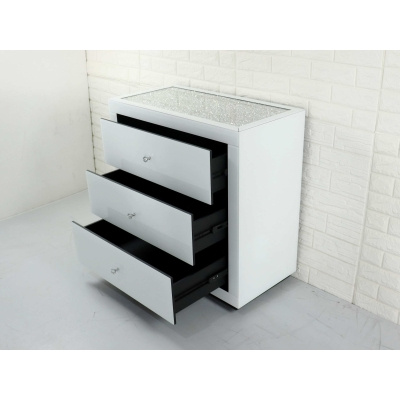 AMARO GLAZEN KAST – wit/transparant met kristallen (80×80×40 cm, 3 lades)