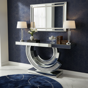 Скляна консоль 120×80×35 см - дзеркальна, прозора, декорована кристалами