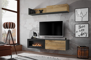 DALLAS B TV stand with bio-fireplace – modern furniture for the living room, Anthracite/Flagstaff Oak